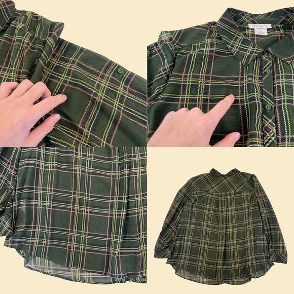 90s/Y2K sheer green blouse by Roamans, size 30W vintage patterned top/shirt - Picture 5 of 7